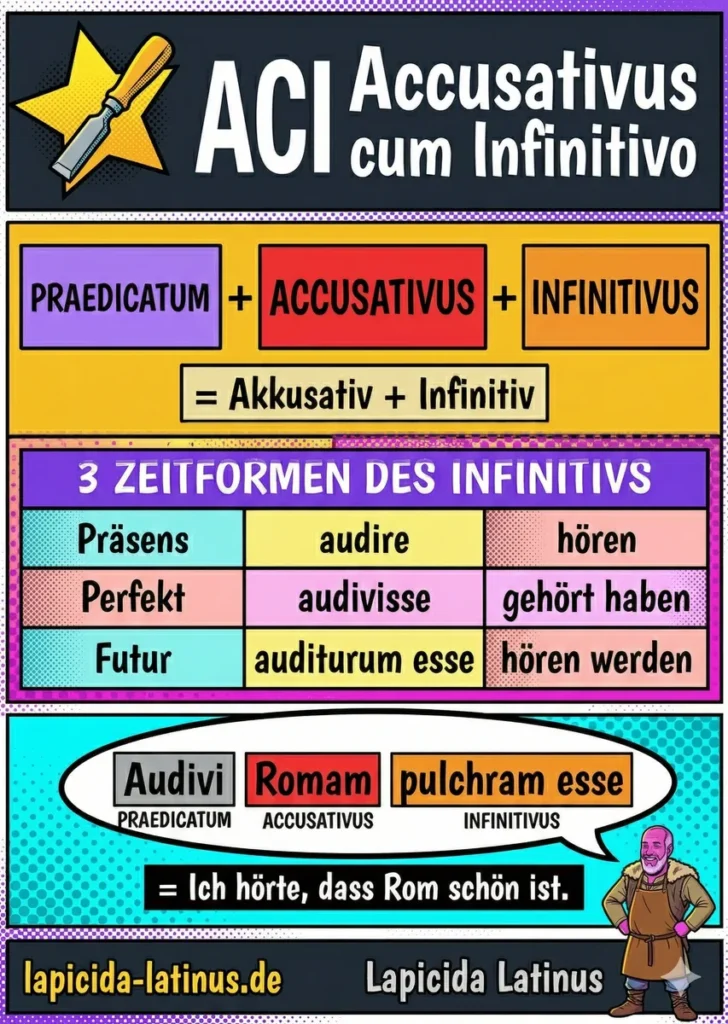 ACI Latein Spickzettel — Formel, Zeitformen und Beispielsatz auf einen Blick
