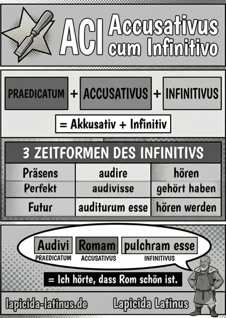 ACI Latein Spickzettel zum Ausdrucken — Formel, Zeitformen und Beispielsatz
