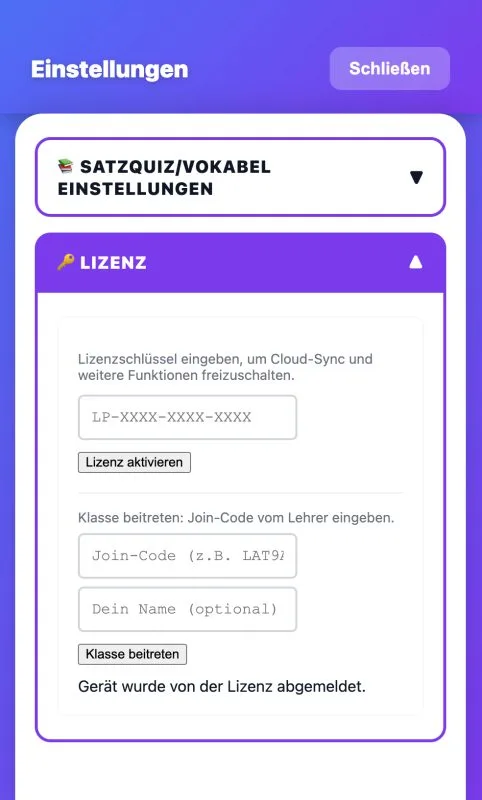 Die Einstellungen in der App mit dem Eingabefeld für die Lehrer-Lizenz, um die Vollversion von Lapicida starten zu können.
