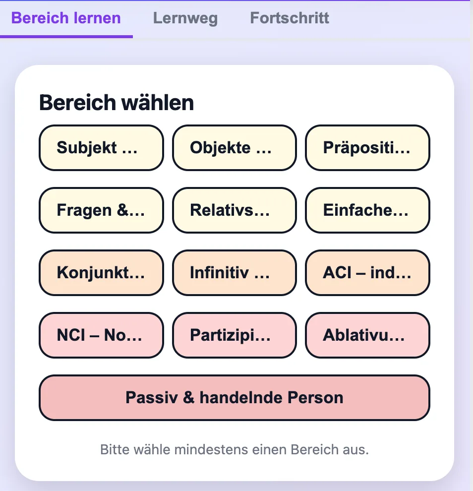 Satzglieder Latein Bereich wählen Latein App Satzglieder Einstellungen
