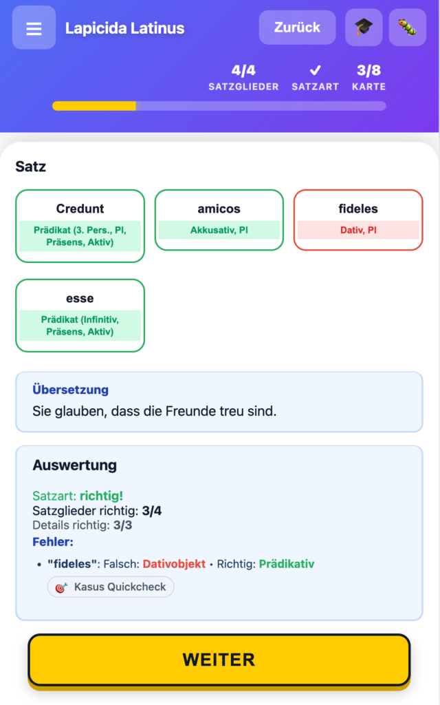 Fehlerkorrektur im ACI Latein Satzquiz — die App zeigt die richtige Lösung