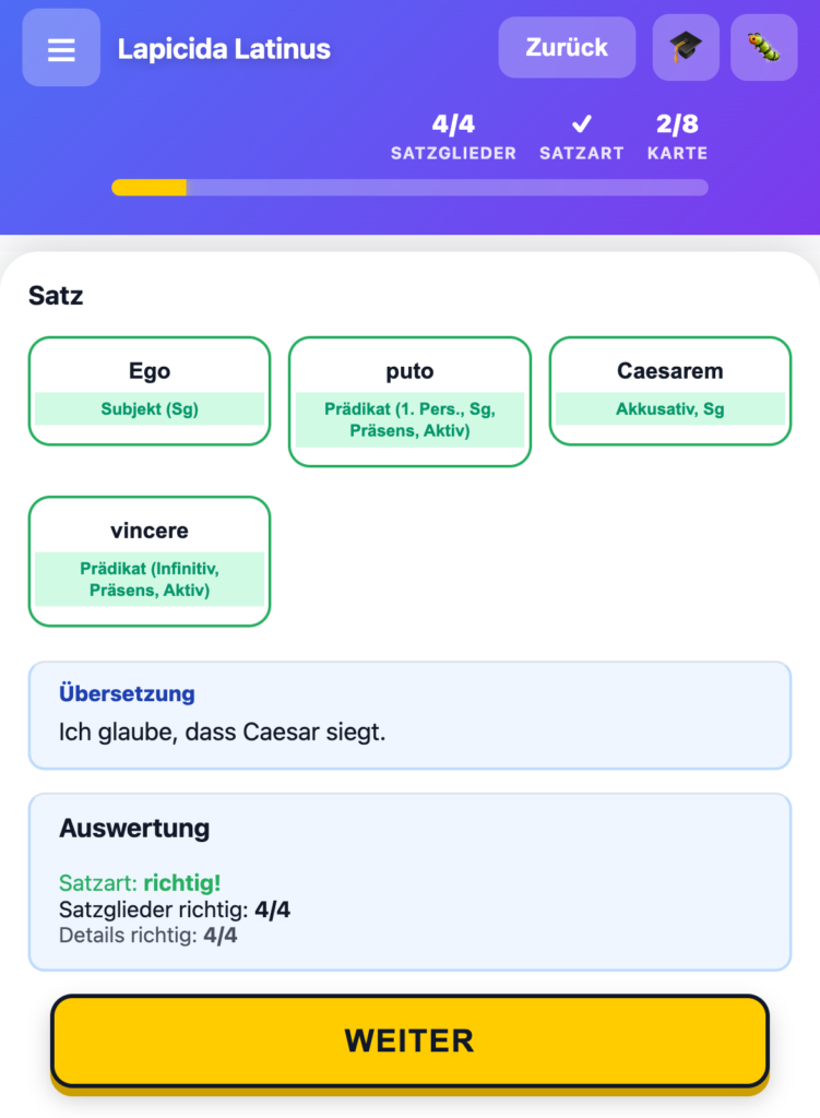 ACI Latein üben in der Lapicida Latinus App — Satzquiz mit Satzglied-Markierung
