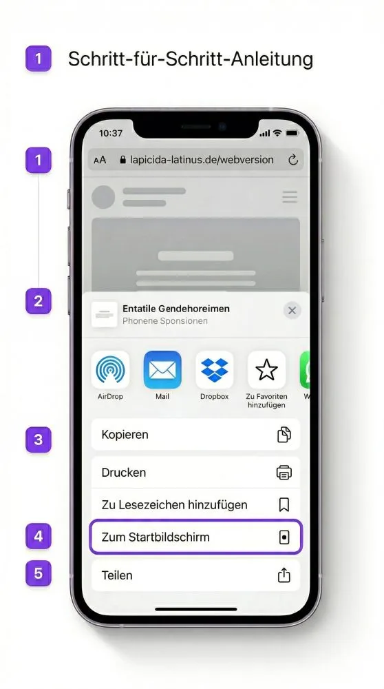 Die Option 'Zum Startbildschirm' im iOS Menü, mit der Schüler Lapicida starten können, ohne den Browser öffnen zu müssen.