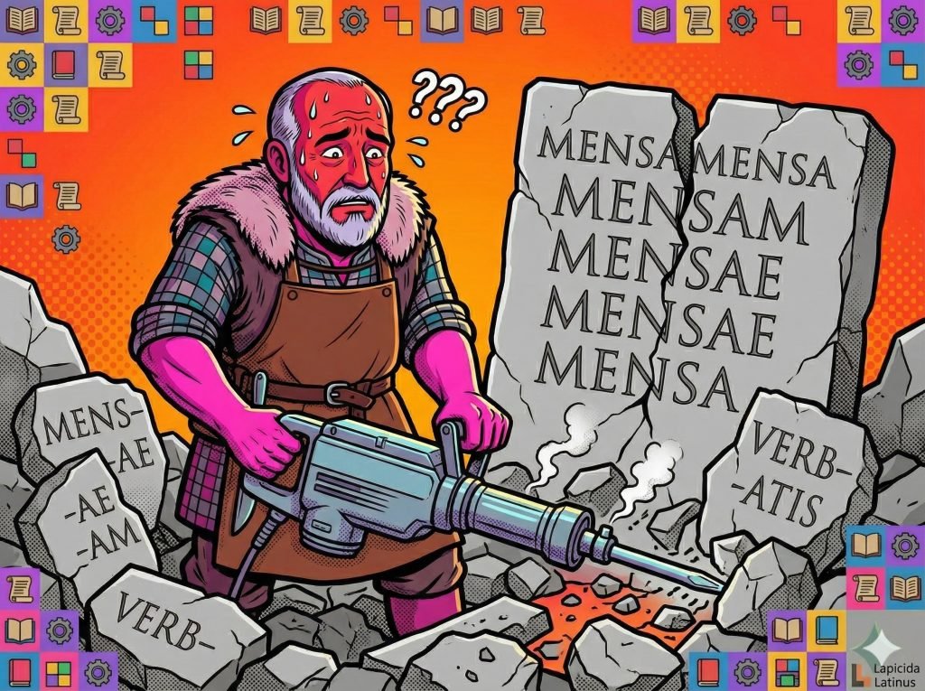 Steinmetz mit Presslufthammer zwischen Trümmern — warum passive Lernmethoden beim Latein Lernen scheitern
