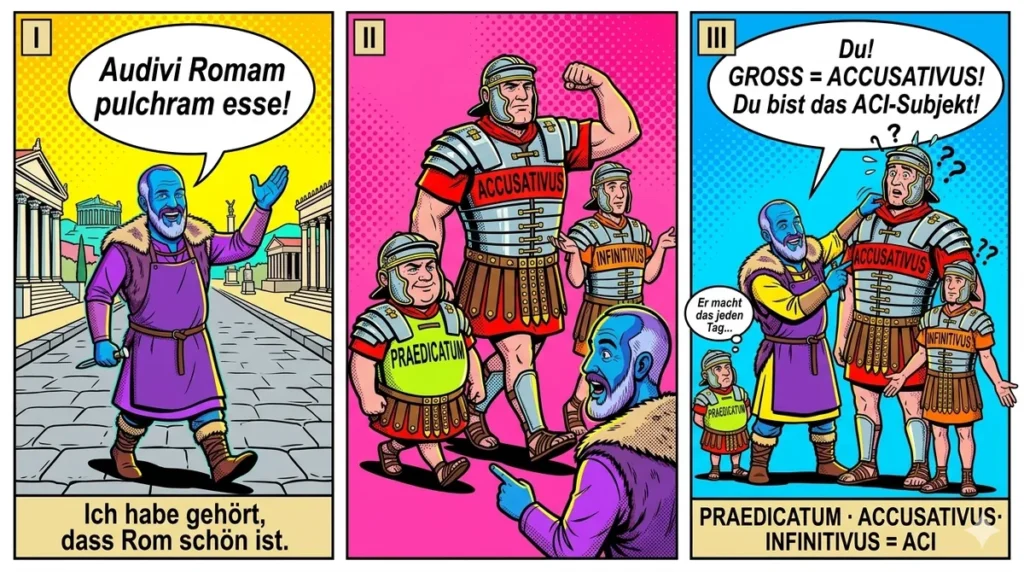 ACI Latein Comic: Steinmetz erklärt den Accusativus cum Infinitivo an drei Legionären