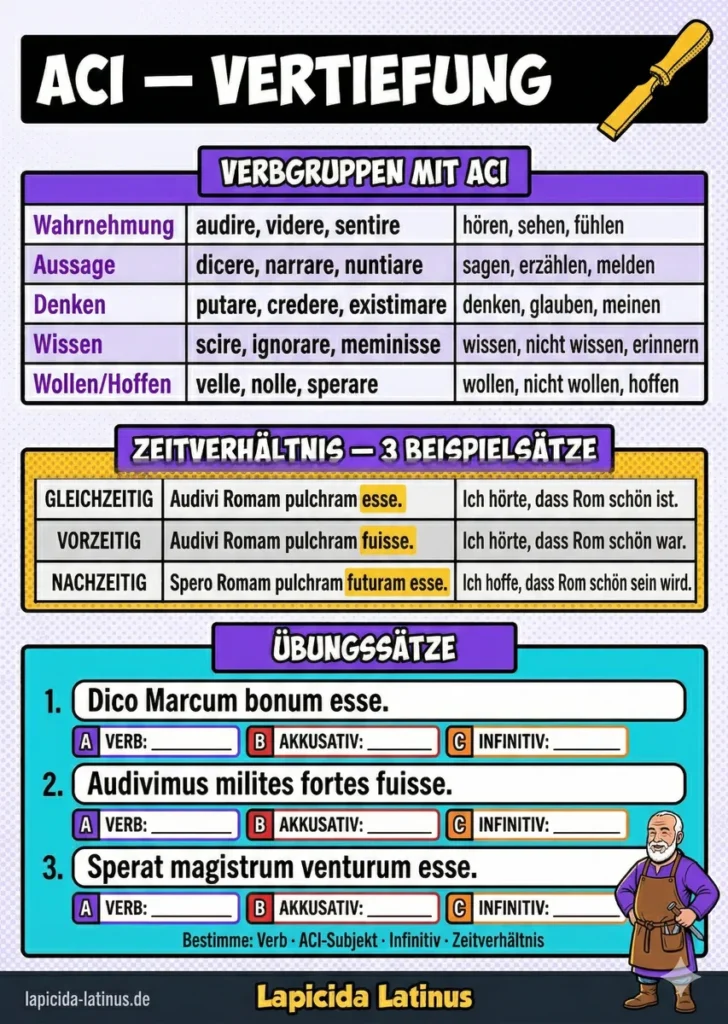 ACI Latein Spickzettel Rückseite — Verbgruppen, Zeitverhältnis-Tabelle und Übungssätze zum Ausdrucken