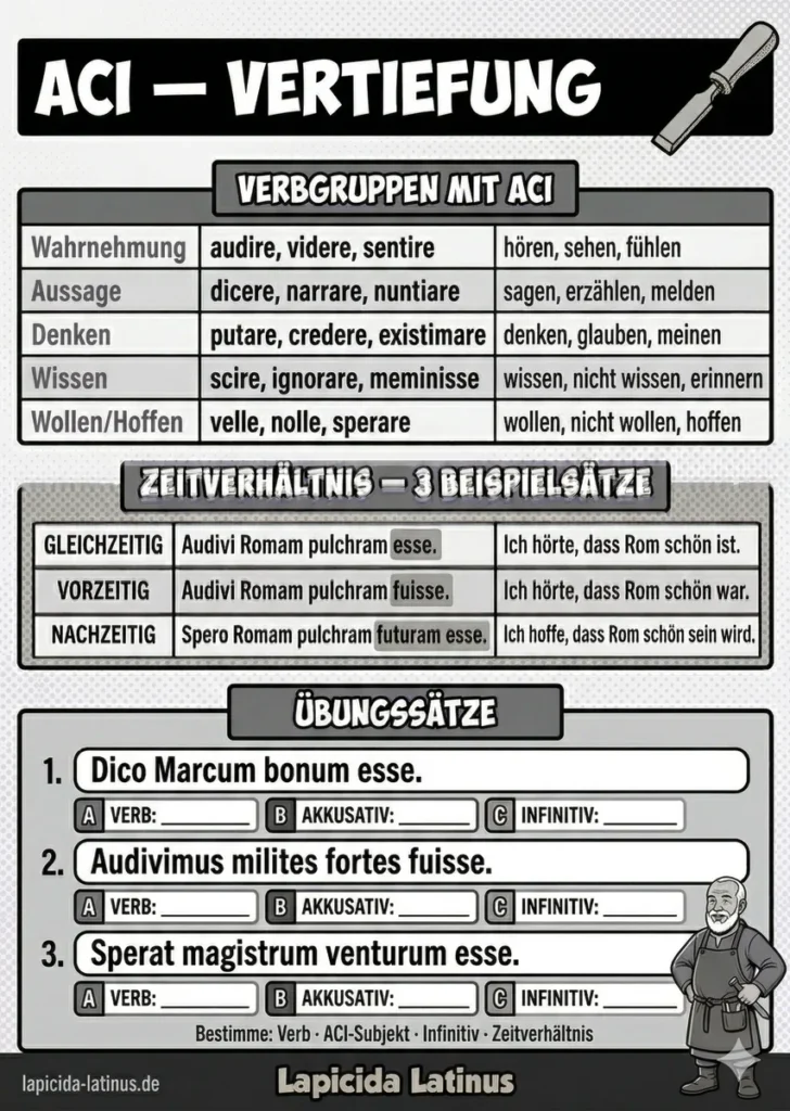 ACI Latein Spickzettel Rückseite schwarz-weiß — Verbgruppen und Zeitverhältnis, druckfreundliche Version