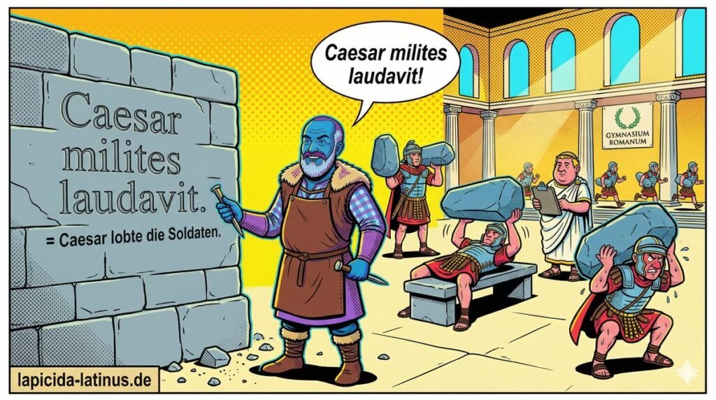 Comicfigur Steinmetz zeigt auf eingemeißelten Satz „Caesar milites laudavit" — im Hintergrund trainieren Legionäre mit Hinkelsteinen im Gymnasium Romanum