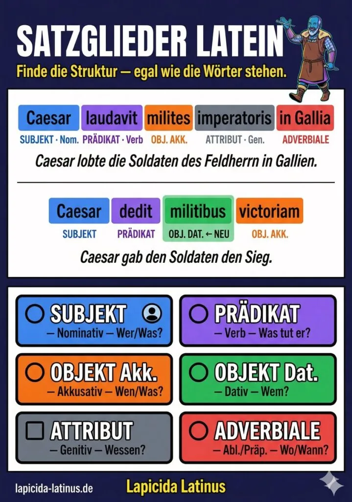 Satzglieder Latein Poster A3 — Farbkodierte Übersicht für Klassenzimmer A3-Poster Satzglieder Latein: farbkodierte Satzanalyse mit zwei Caesar-Beispielsätzen — Subjekt, Prädikat, Objekt Akkusativ und Dativ, Attribut, Adverbiale im Überblick