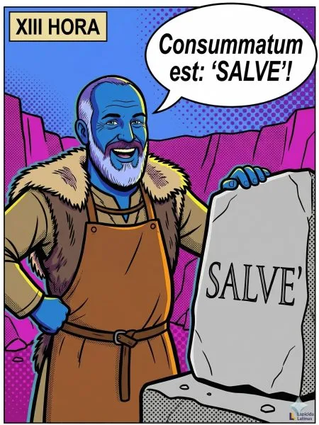 Illustration eines germanischen Steinmetzes, der 'SALVE' in Stein meißelt – die perfekte Begrüßung, wenn Schüler mit Lapicida starten.