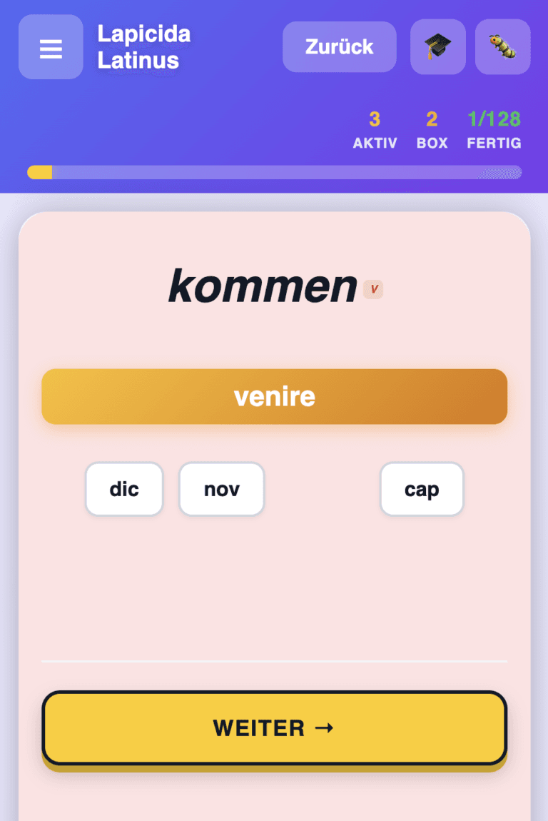 Vokabeltrainer in Lapicida Latinus: venire üben