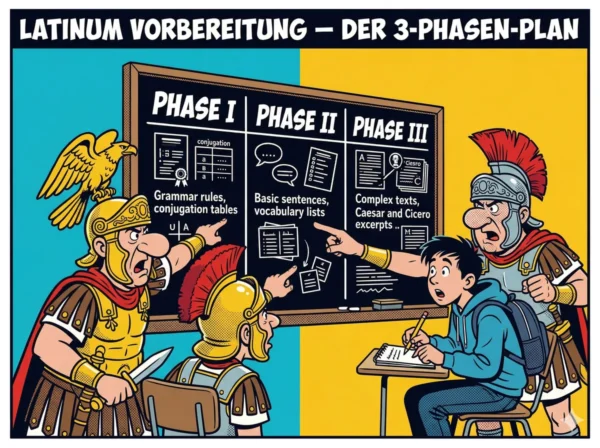 Comicbild für Latinum Vorbereitung im Asterix-Stil: Drei römische Soldaten zeigen einem Lernenden eine Tafel mit drei Phasen – Latinum Vorbereitung als strukturierter Plan