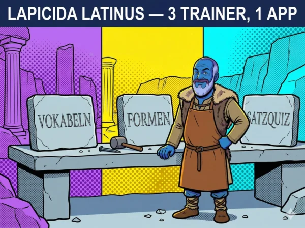 Comicbild für Lapicida Latinus im Asterix-Stil: Lapicida-Steinmetz meißelt drei Tafeln mit Vokabeln, Formen und Satzquiz – Lapicida Latinus, die Latein-App mit drei Trainern