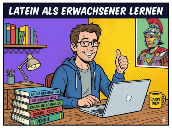 Comicbild für Latein als Erwachsener lernen im Asterix-Stil: Erwachsener sitzt mit Latinistik-Büchern, Kaffeebecher und Laptop am Schreibtisch, Daumen hoch – Latein als Erwachsener lernen ist machbar