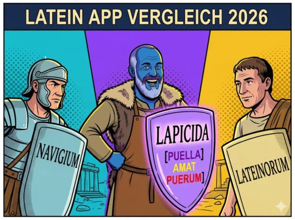 Comicbild für Latein App Vergleich 2026 im Asterix-Stil: Lapicida-Steinmetz mit leuchtendem Grammatik-Schild im Showdown gegen Navigium und Lateinorum – Latein App Vergleich 2026