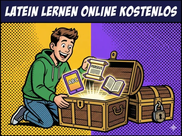 Comicbild für Latein lernen online kostenlos im Asterix-Stil: Person öffnet strahlende Schatztruhe mit kostenlosem Lernmaterial – Tablet, Perseus-Scroll, Buch – daneben eine verschlossene Truhe für Premium-Inhalte. Latein lernen kostenlos im Überblick
