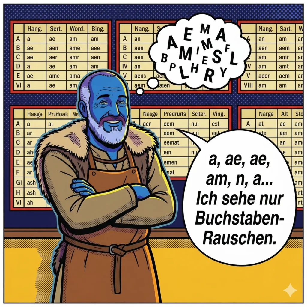 Comic-Panel: Steinmetz steht vor Paradigmentabellen und sagt "Ich sehe nur Buchstaben-Rauschen" — Lapicida Latinus LRS