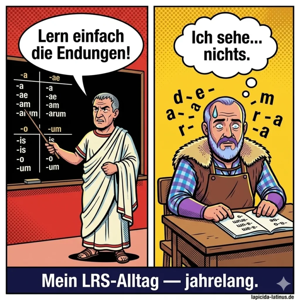 Comic-Panel: Lehrer zeigt auf Endungstabellen, Schüler sieht nur Chaos — LRS im Lateinunterricht