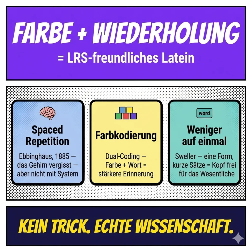 Infografik: Spaced Repetition, Farbkodierung und Cognitive Load Theory — wissenschaftliche Grundlage von Lapicida