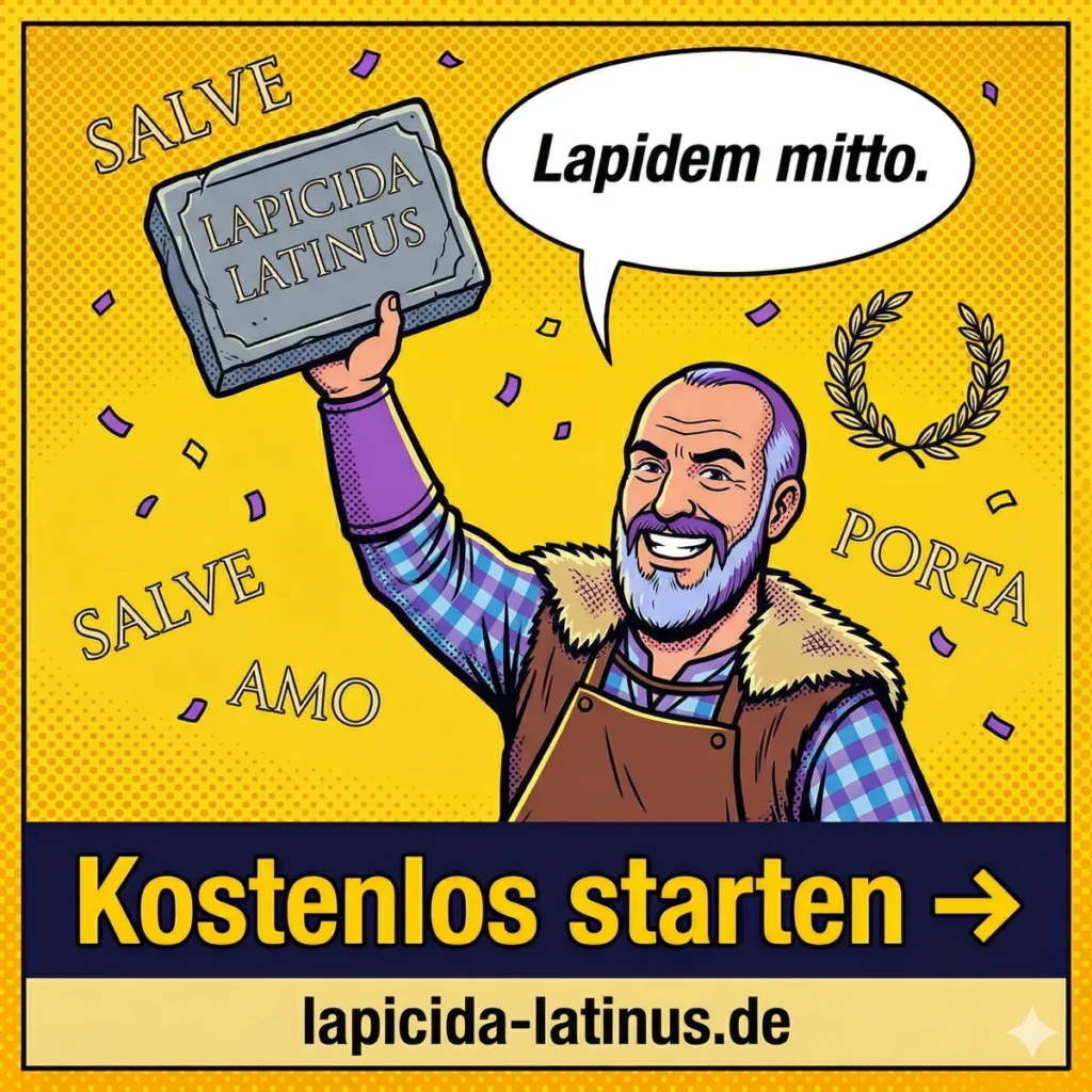 Latein lerne mit LRS und Erfolg: Steinmetz hält Stein-Tablet als Trophäe — Lapicida Latinus kostenlos starten