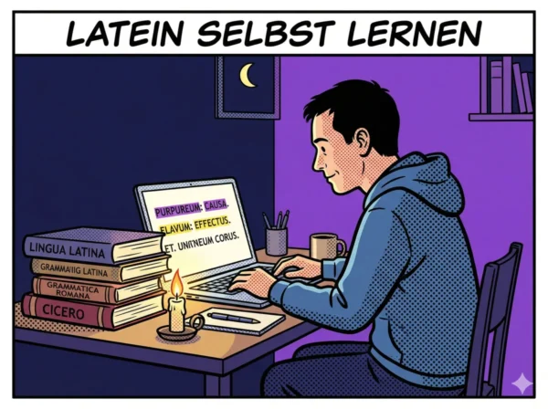 Comicbild für Latein selbst lernen im Asterix-Stil: Person lernt nachts allein am Schreibtisch, Bücherstapel und Kerze, auf dem Laptop läuft Lapicida mit farbkodierter Satzanalyse – Latein selbst lernen mit digitaler Unterstützung