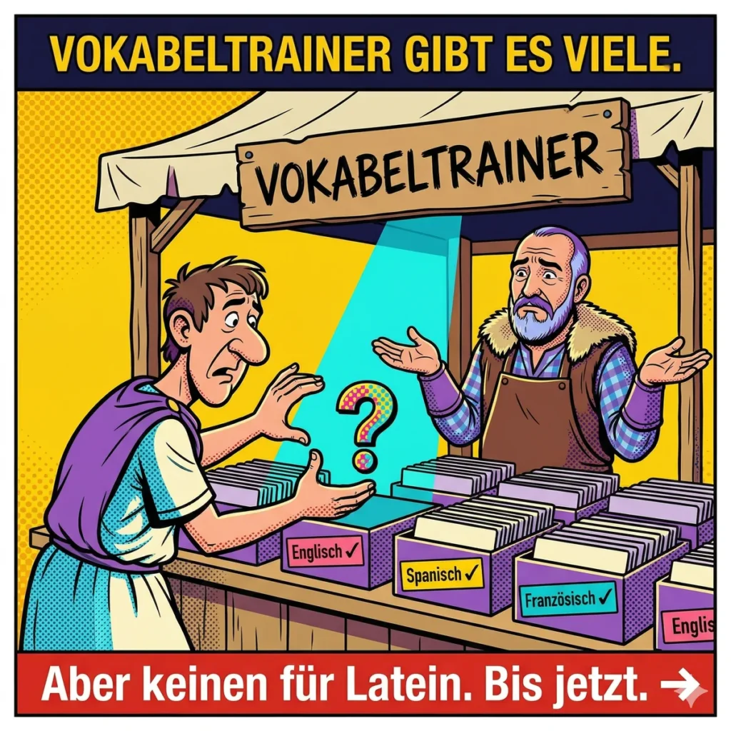 Comic: Römischer Marktstand mit Vokabeltrainer-Apps für alle Sprachen – aber keinem für Latein. Lapicida füllt diese Lücke beim Latein Vokabeln lernen.