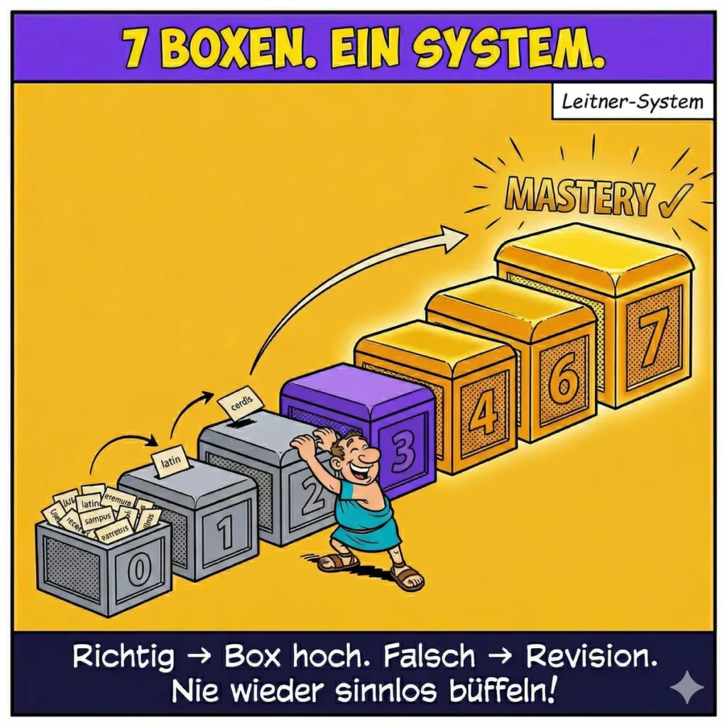 Comic: Sieben Schatztruhen zeigen das Box-System des Lapicida Vokabeltrainers – Latein Vokabeln lernen mit Spaced Repetition statt sinnlosem Pauken.