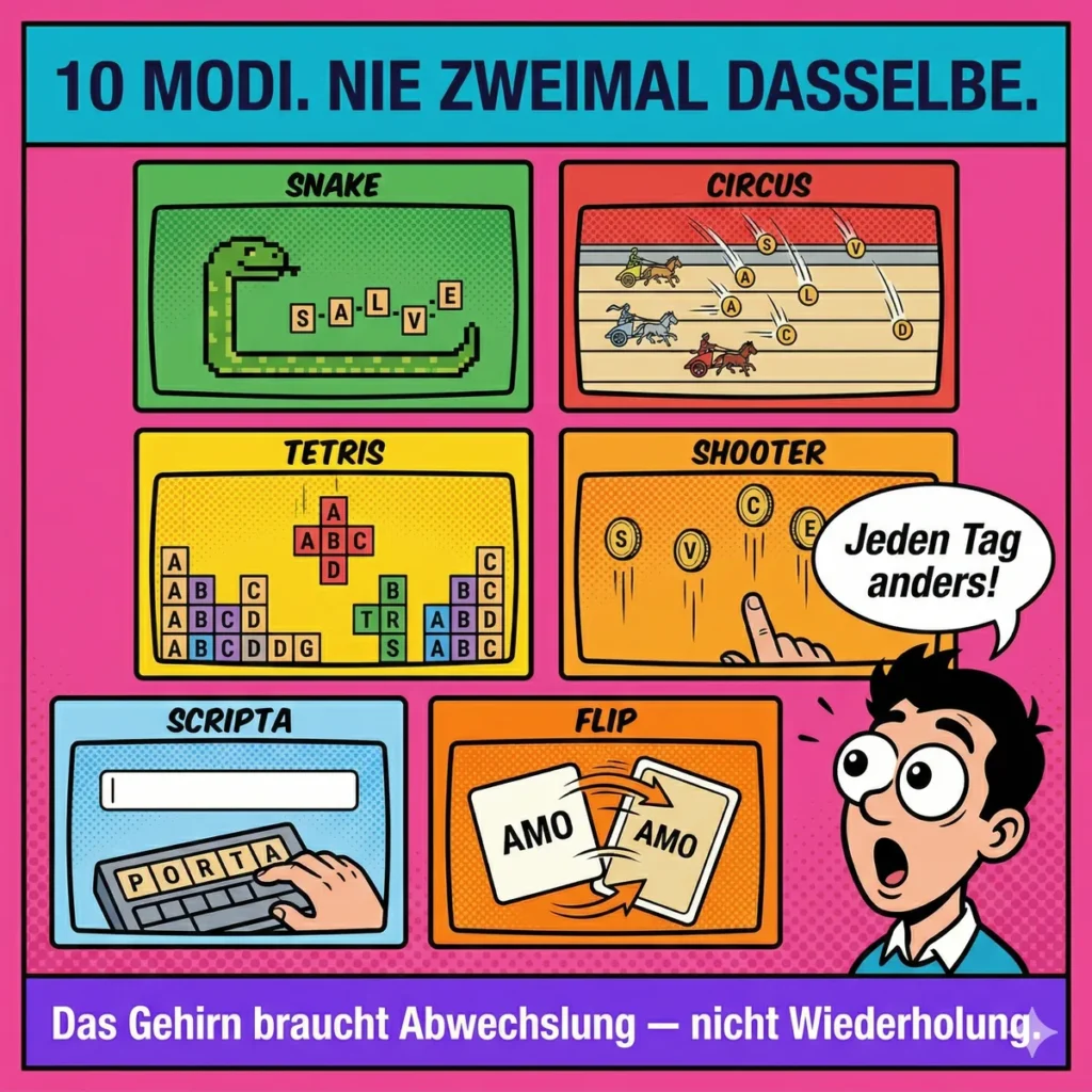 Comic: Snake, Circus Maximus, Scripta und mehr – der Lapicida Vokabeltrainer macht Latein Vokabeln lernen abwechslungsreich statt monoton.