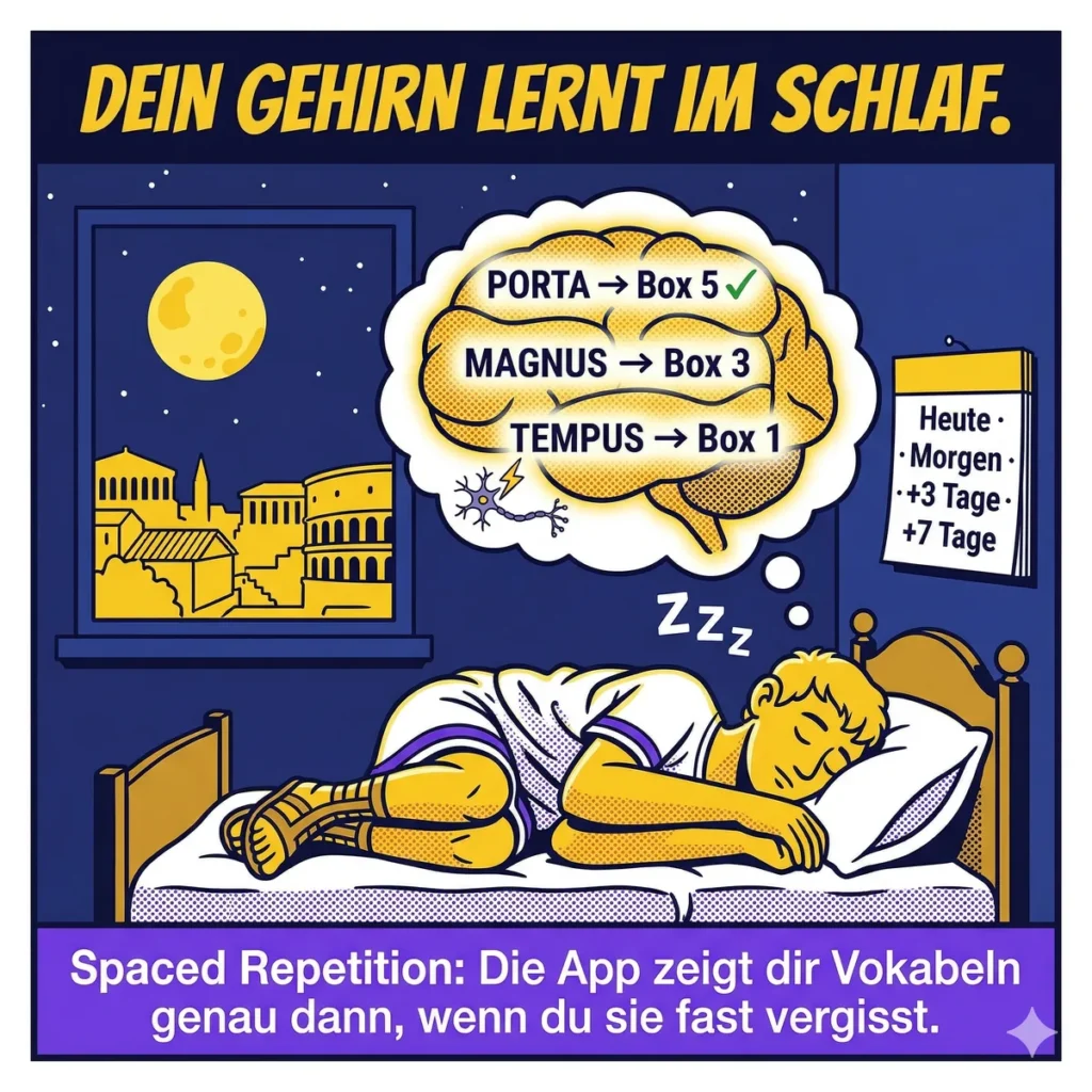 Comic: Schlafender Schüler, dessen Gehirn Lateinvokabeln automatisch in Boxen sortiert – so funktioniert intelligentes Latein Vokabeln lernen.