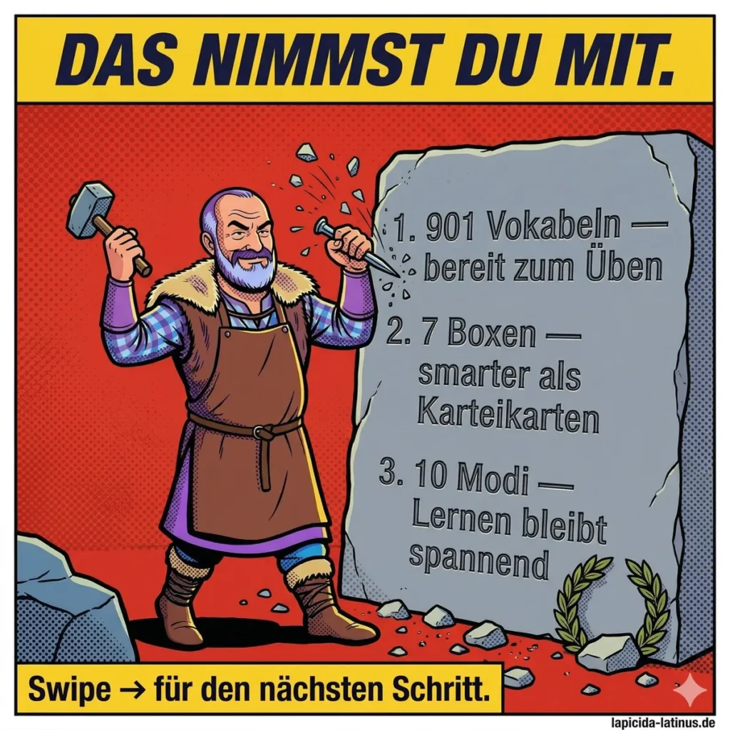 Comic: Der Lapicida-Steinmetz meißelt die Vorteile des Vokabeltrainers in Stein – 901 Wörter, 7 Boxen, 10 Modi für effektives Latein lernen.