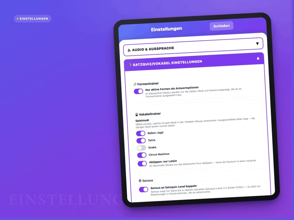 Die Einstellungen der Latein-App Lapicida Latinus