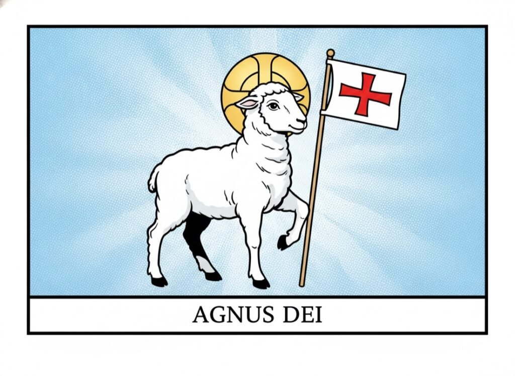 The Lamb of God with cruciform halo and banner — Agnus Dei, comic pop-art style