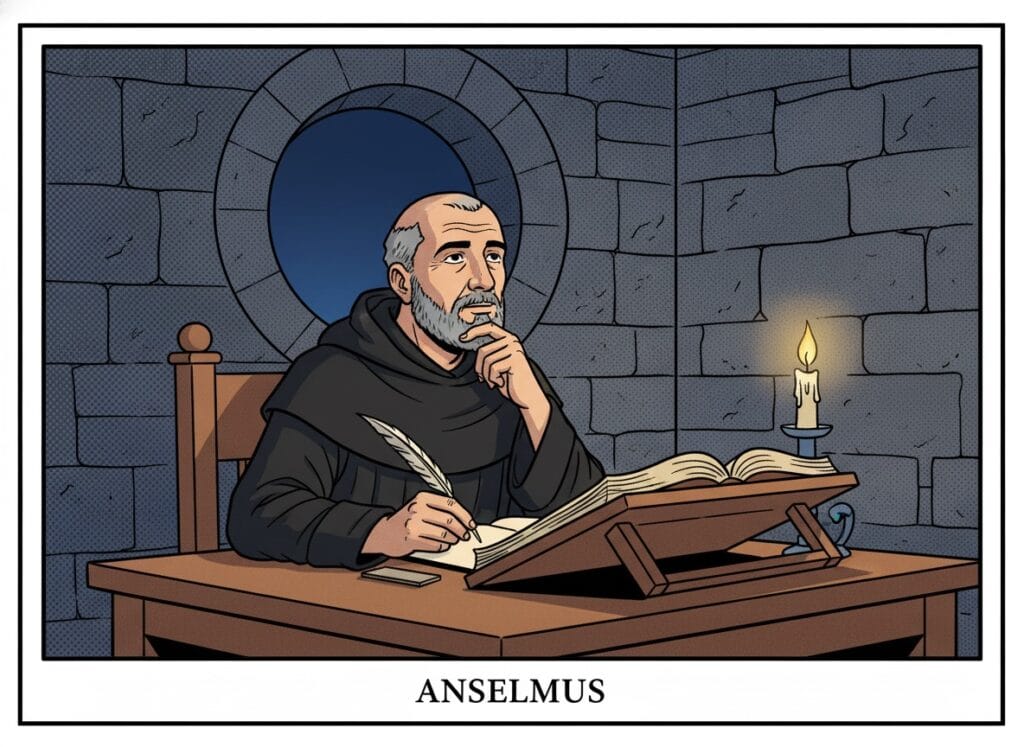 Anselm von Canterbury als Benediktinermönch am Schreibpult im Skriptorium — Comic-Popart-Stil