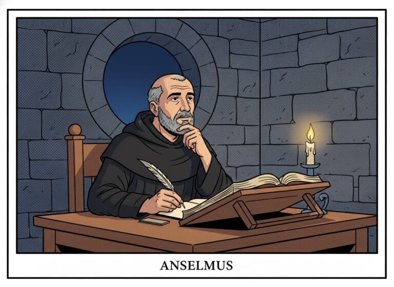 Anselm von Canterbury als Benediktinermönch am Schreibpult im Skriptorium, nachdenklich mit Feder und Handschrift — Comic-Popart-Stil