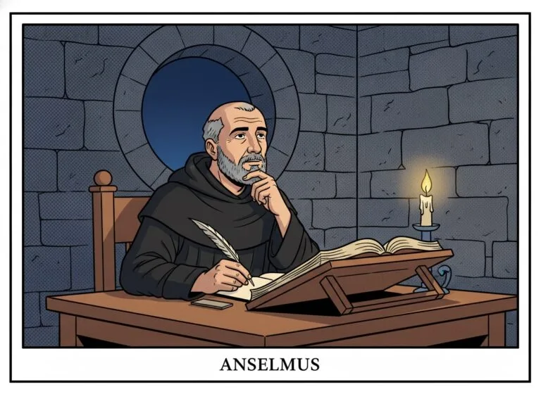 Anselm von Canterbury als Benediktinermönch am Schreibpult im Skriptorium, nachdenklich mit Feder und Handschrift — Comic-Popart-Stil