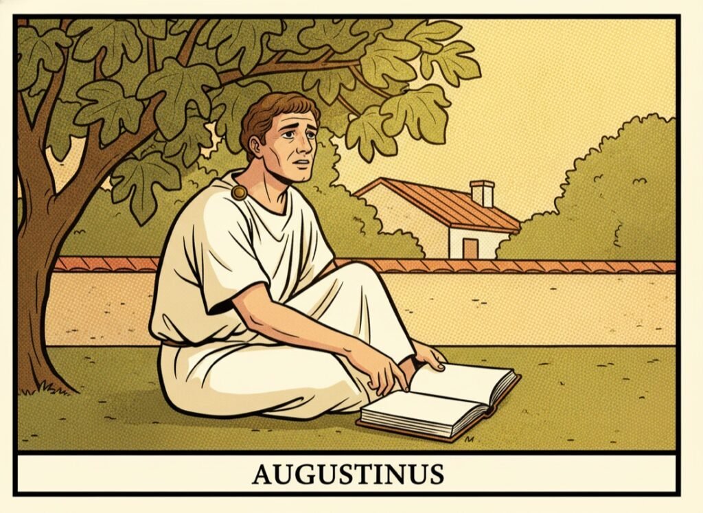 Augustine at his conversion in the garden at Milan — comic pop-art style