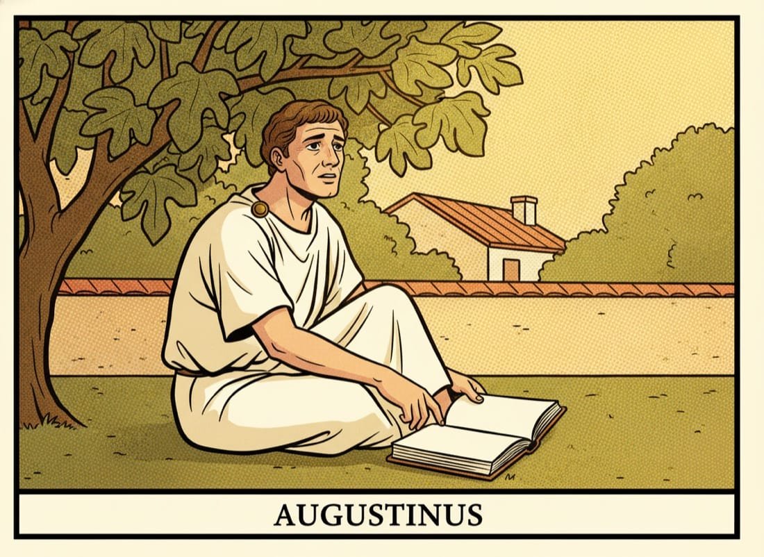 Augustinus bei seiner Bekehrung im Garten von Mailand unter dem Feigenbaum, greift zum aufgeschlagenen Codex — Comic-Popart-Stil