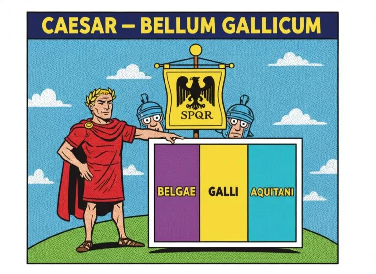 Caesar: De Bello Gallico lernen — vom vereinfachten Text zum Original 4 Caesar zeigt auf die Karte Galliens, geteilt in drei Teile — Bellum Gallicum, Comic-Popart