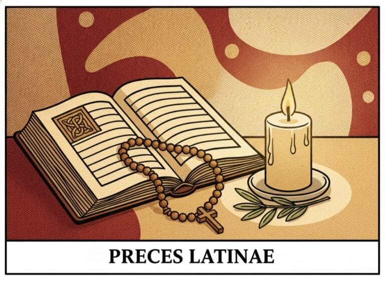 Aufgeschlagenes lateinisches Gebetbuch mit Rosenkranz, Kerze und Olivenzweig — katholische Gebete auf Latein, Comic-Popart-Stil
