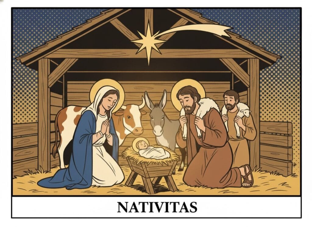 The Nativity at the manger with the star of Bethlehem