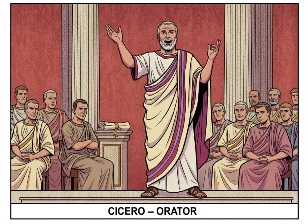 Cicero hält als Redner im römischen Senat eine Rede, die Senatoren hören zu — Comic-Popart-Stil