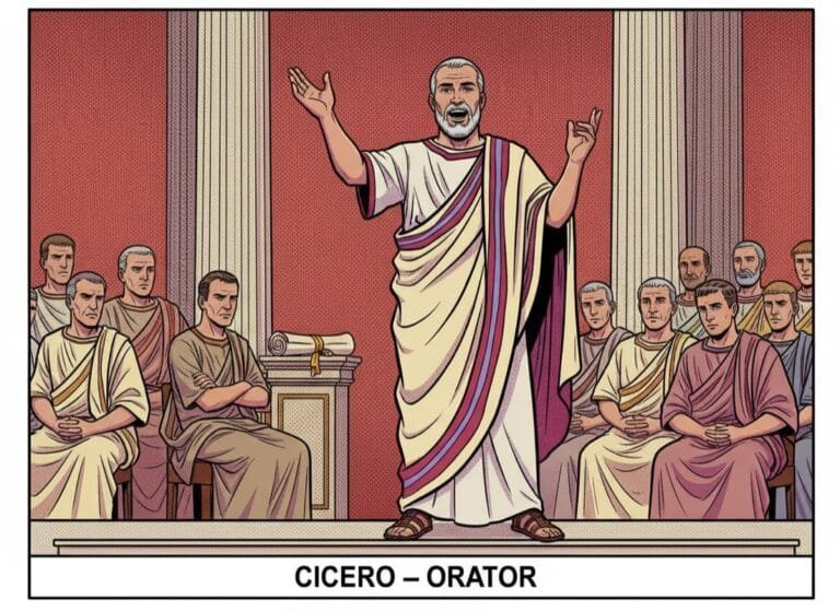 Cicero hält als Redner im römischen Senat eine Rede, die Senatoren hören zu — Comic-Popart-Stil