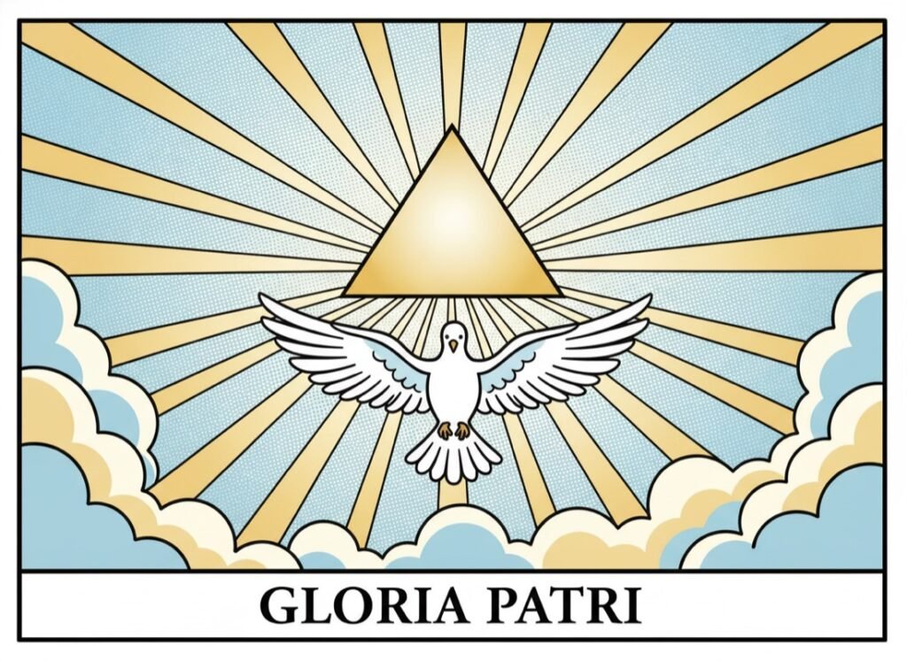 Trinity triangle with rays and the dove of the Holy Spirit — Gloria Patri, comic pop-art style