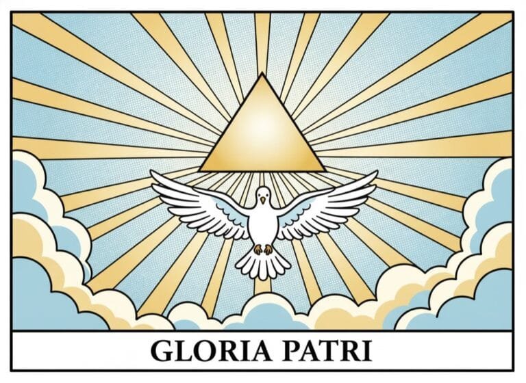 Dreifaltigkeits-Dreieck mit goldenen Strahlen und Heilig-Geist-Taube — Gloria Patri, Comic-Popart-Stil