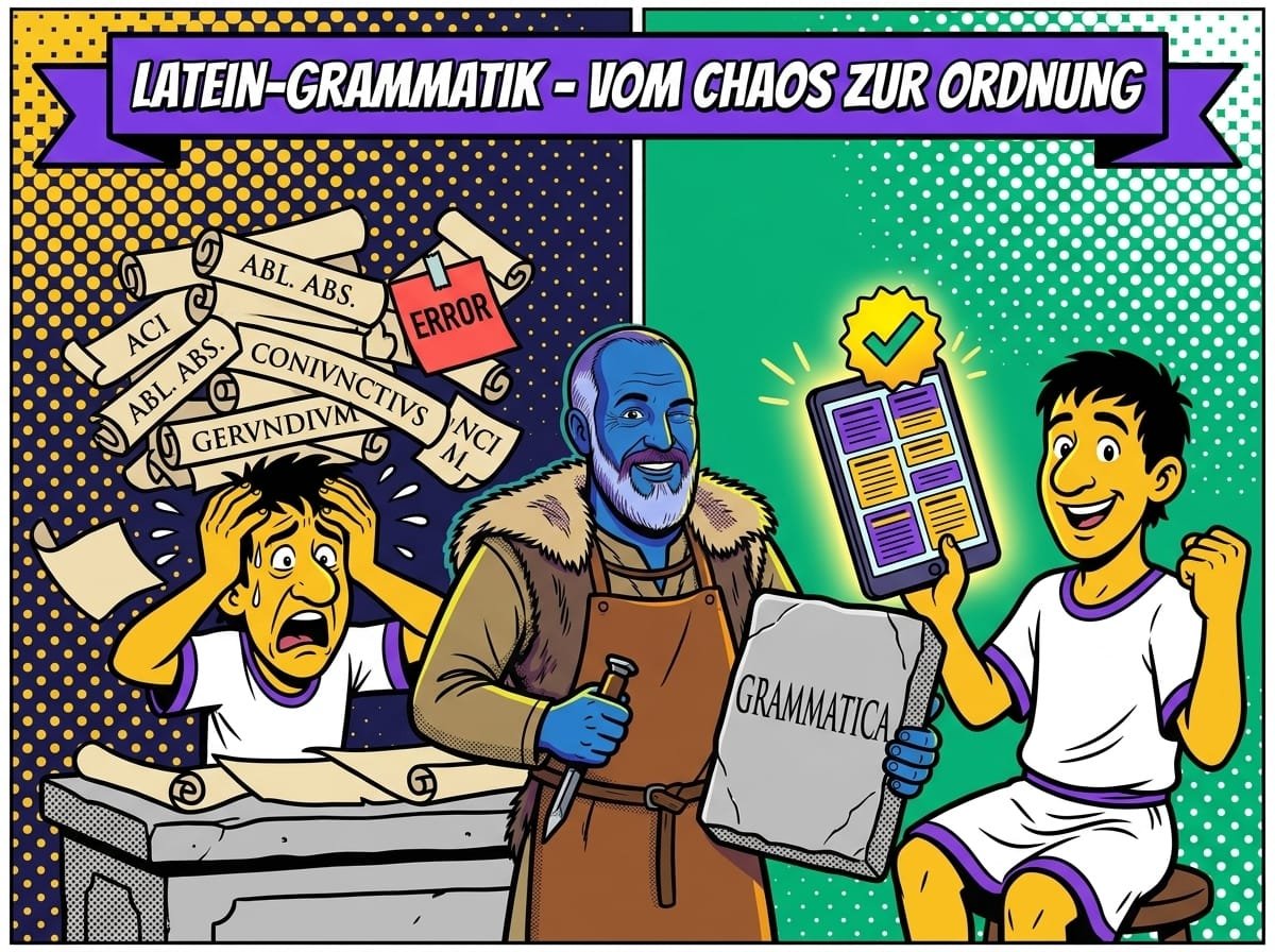Latein Grammatik einfach erklärt – Lapicida-Steinmetz mit GRAMMATICA-Tafel zwischen verzweifeltem und triumphierendem Schüler