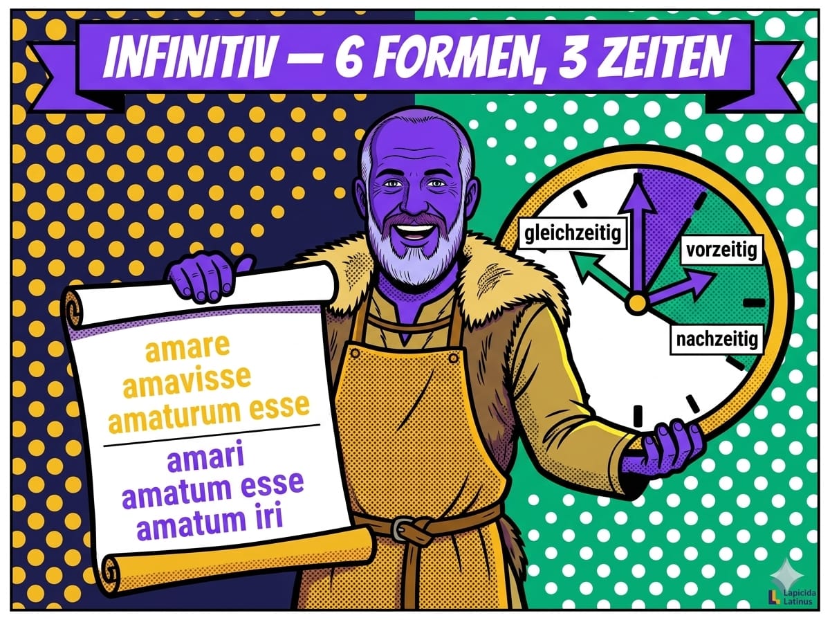 Infinitiv Latein – alle 6 Formen und das Zeitverhältnis, erklärt vom Lapicida-Steinmetz