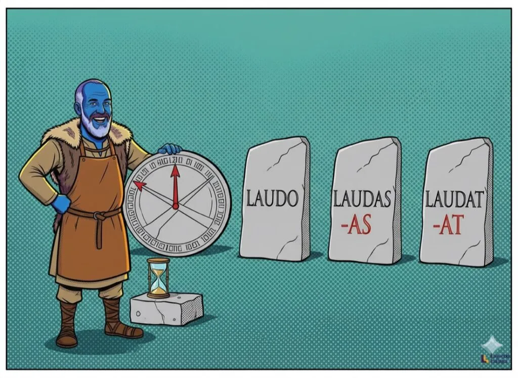 Lateinischer Konjugator: laudo, laudas, laudat auf drei Steintafeln