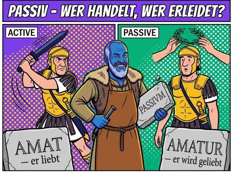 Aktiv vs. Passiv im Lateinischen – AMAT (er liebt) gegen AMATUR (er wird geliebt), erklärt vom Lapicida-Steinmetz