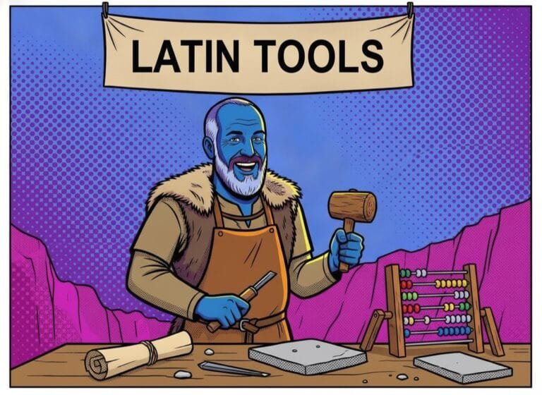 Latin Tools — Declension, Conjugation, Roman Numerals & Cheat Sheets 7 Latin tools: the stonemason in his workshop with chisel, scroll and abacus