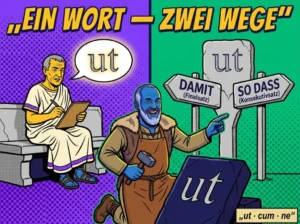 Comicbild im Asterix-Stil: Lapicida-Steinmetz zeigt, wie ut sich in damit (Finalsatz) und so dass (Konsekutivsatz) gabelt – Konjunktiv Latein Nebensatz